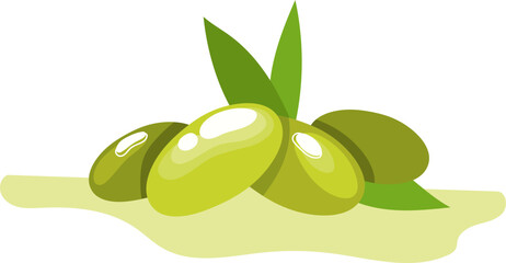 Three green olives with leaves and oil splash. Mediterranean cuisine ingredient, healthy food vector illustration.