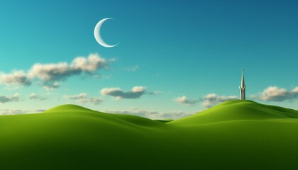 Obraz premium Peaceful Nightfall Over Lush Green Hills Under a Crescent Moon, Featuring a Distant Tower Adding an Element of Mystery, Capturing the Serene Atmosphere of Early Evening or Morning.