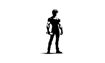 atheletic body man silhouette mascot icon , detailed vector black and white illustration