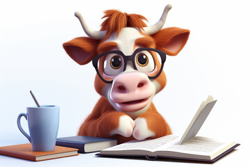 3D cartoon cute cow reading and writing