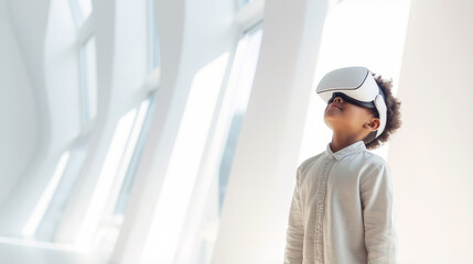Portrait of happy smiling enthusiastic african american dark skinned curly boy child person wearing virtual reality headset in white room.