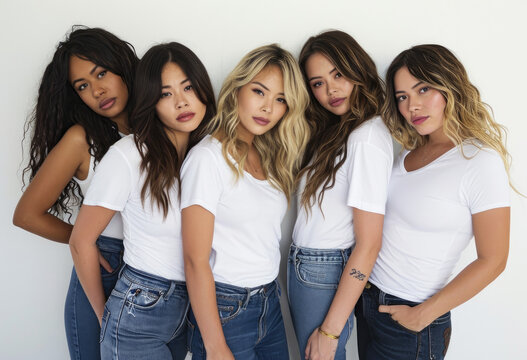 Group of girls in T shirt and jean posing for photo