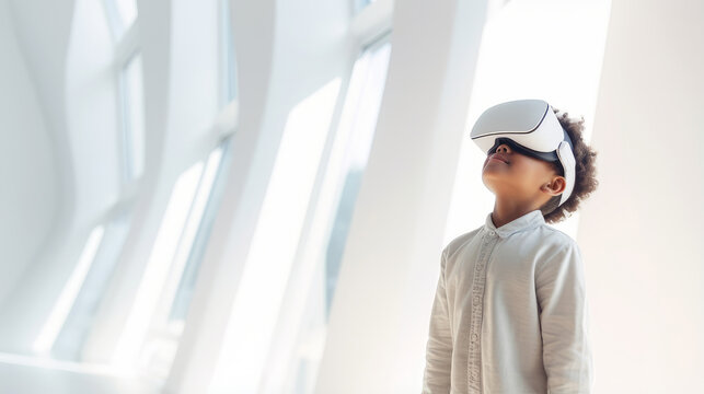 Portrait of happy smiling enthusiastic african american dark skinned curly boy child person wearing virtual reality headset in white room.
