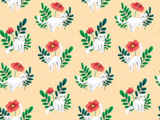 Seamless pattern with flowers and cats, cute baby girls style print of hand drawn animals, plants. Pretty botanical design: white kittens, flowers, leaves on peach surface. Vector illustration