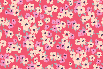 Seamless floral pattern, liberty ditsy print of mini flowers buds in a romantic motif. Pretty botanical surface design: hand drawn small flowers, tiny leaves on a pink background. Vector illustration.