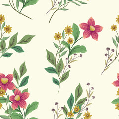 Seamless floral pattern, vintage nature print with wild plants bunches. Elegant botanical design: large hand drawn flowers, herbs, leaves on a white background. Vector illustration, old fashion print.