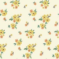 Seamless floral pattern, liberty ditsy print in little folk motif. Cute botanical design: small hand drawn yellow flowers, leaves, simple bouquets on light. Vector textile, wallpaper illustration.