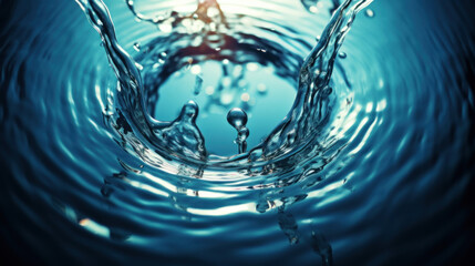 A single water drop falls, creating a perfect ripple in tranquil blue water, symbolizing purity and calmness.