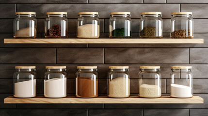 Organized pantry with minimalist clear storage jars on wooden shelves, featuring a variety of kitchen staples.