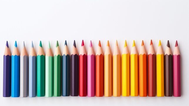 A visually pleasing arrangement of isolated colorful pencils, each standing proudly on a white surface, inviting the viewer to appreciate the spectrum of hues and artistic possibilities.
