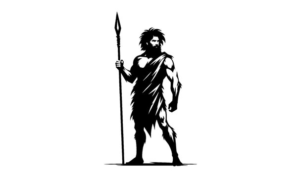 A silhouette logo of a caveman styled in a modern fashion , black and white mascot
