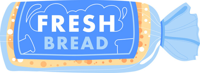 Cartoon fresh bread in a blue package, flat style. Packaged loaf of bread with label. Grocery item and bakery product vector illustration.