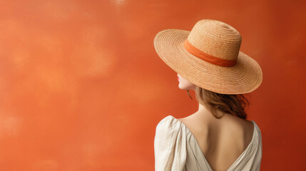 Elegant woman seen from behind wearing a straw hat, set against a vibrant orange background.