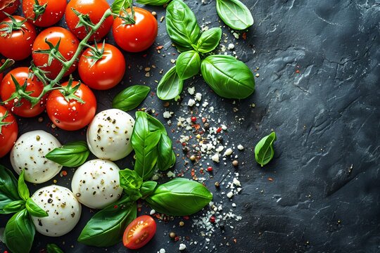 Fresh Cherry Tomatoes on the Vine Accompanied by Creamy Mozzarella and Green Basil on a Slate Background