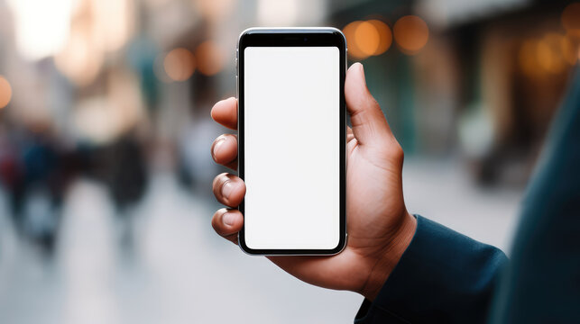 Close-up of young male hands holding smartphone, cell phone with a blank, empty, white screen for text, message, logo, advertising. Mock-up, montage concept	
