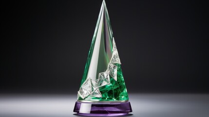 an elegant cone-shaped award trophy featuring lively shades of emerald and amethyst, symbolizing dedication and excellence, displayed prominently against a backdrop of pure white sophistication. - obrazy, fototapety, plakaty