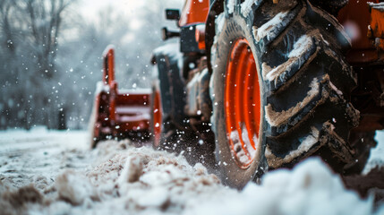 Red tractor with a snow plow attachment working on snow removal on a road, showcasing the concept of winter road maintenance, close-up. - obrazy, fototapety, plakaty