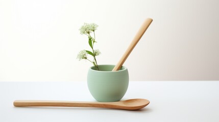 an image featuring a calming seafoam green wooden spoon, its serene hue evoking the tranquility of nature, contrasting beautifully with the pristine white background.