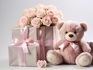Toy bear with gift and Bouquet of delicate roses with silk ribbons
