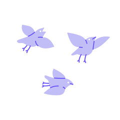 Abstract bird flock flies in air. Spring birdies flying. Cute songbirds flapping wings, soaring in the sky. Funny animal with feathers in flight. Flat isolated vector illustration on white background
