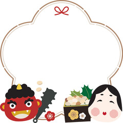 節分　かわいい鬼とおたふくのシンプルな梅の花型フレーム