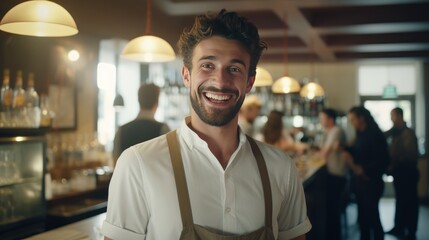 portrait of handsome waiter at his workplace - obrazy, fototapety, plakaty