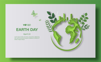 World Earth Day, cities and world filled with green leaves, paper illustration, and 3d paper.