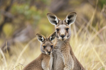 Kangaroo Mother with Joey in the Wild - obrazy, fototapety, plakaty