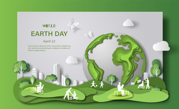 World Earth Day, many people doing activities, enjoy their life in a dream city, save the planet and energy concept, paper illustration, and 3d paper.	