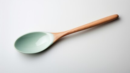an image featuring a calming seafoam green wooden spoon, its serene hue evoking the tranquility of nature, contrasting beautifully with the pristine white background.