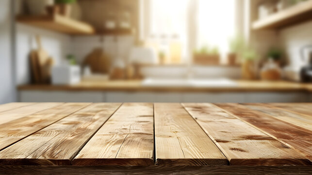 Empty wooden table and blurred kitchen background. Generative AI illustration