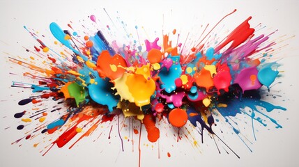 an isolated explosion of colorful splatters on a clean white canvas, showcasing the energetic and spontaneous essence of this lively artwork.