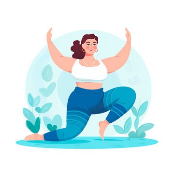 flat illustration of a plus size girl doing exercises. lifestyle, yoga exercises. modern style cartoon	