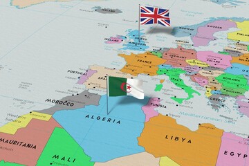 United Kingdom and Algeria - pin flags on political map - 3D illustration