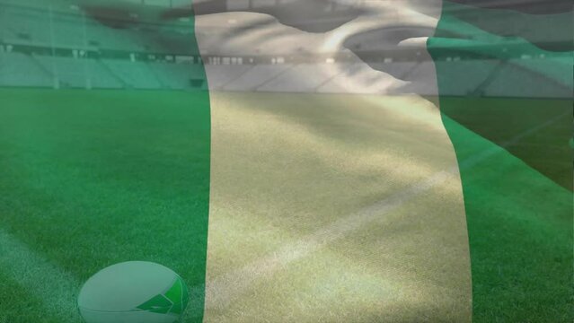 Animation of waving flag of nigeria over stadium with rugby ball