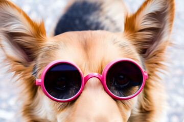 dog with glasses. dog's muzzle close-up, pink glasses. animals concept
