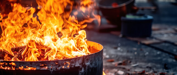 Fire in a burning metal barrel with hot red and orange flames. 