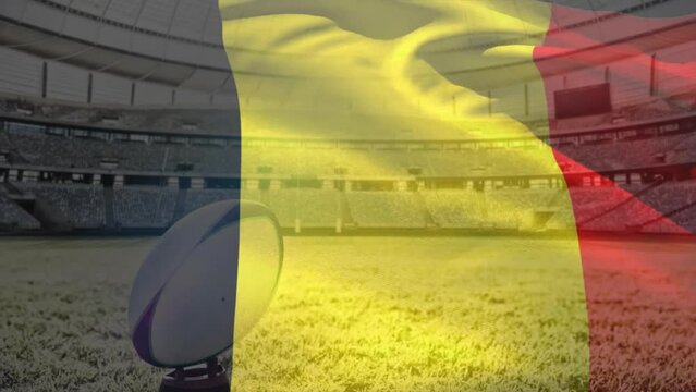 Animation of waving flag of belgium over stadium with rugby ball