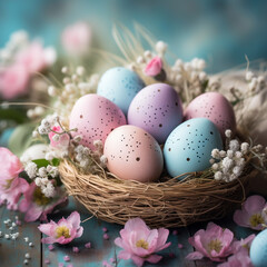Naklejka na ściany i meble Easter eggs of different colors in wicker basket with white and pink flowers on colored background. Easter eggs in pastel colors.