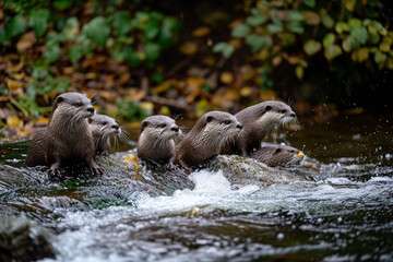 River Otters Bonding on Mossy Rock by Stream
