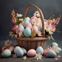 Easter eggs of different colors in wicker basket with white and pink flowers on colored background. Easter eggs in pastel colors.