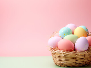 Naklejka na ściany i meble Easter eggs of different colors in wicker basket on white background. Easter eggs in pastel colors.