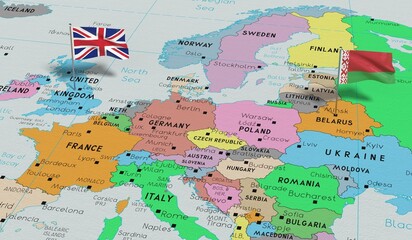 Fototapeta na wymiar United Kingdom and Belarus - pin flags on political map - 3D illustration