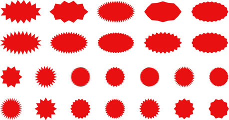 Starburst red sticker set - collection of special offer sale oval and round shaped sunburst labels and badges. Promo stickers with star edges. Vector.