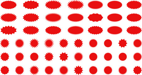 Starburst red sticker set - collection of special offer sale oval and round shaped sunburst labels and badges. Promo stickers with star edges. Vector. - obrazy, fototapety, plakaty