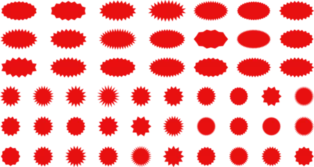 Poster Starburst red sticker set - collection of special offer sale oval and round shaped sunburst labels and badges. Promo stickers with star edges. Vector. © Volodymyr