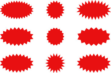 Starburst red sticker set - collection of special offer sale oval and round shaped sunburst labels and badges. Promo stickers with star edges. Vector.