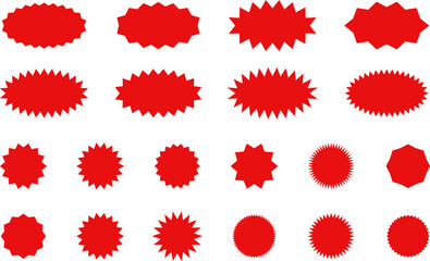 Starburst red sticker set - collection of special offer sale oval and round shaped sunburst labels and badges. Promo stickers with star edges. Vector.