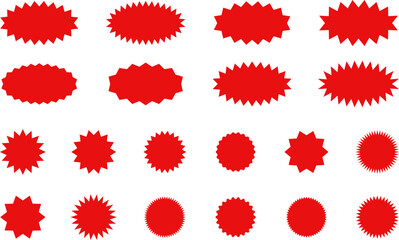 Starburst red sticker set - collection of special offer sale oval and round shaped sunburst labels and badges. Promo stickers with star edges. Vector.