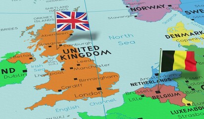 United Kingdom and Belgium - pin flags on political map - 3D illustration